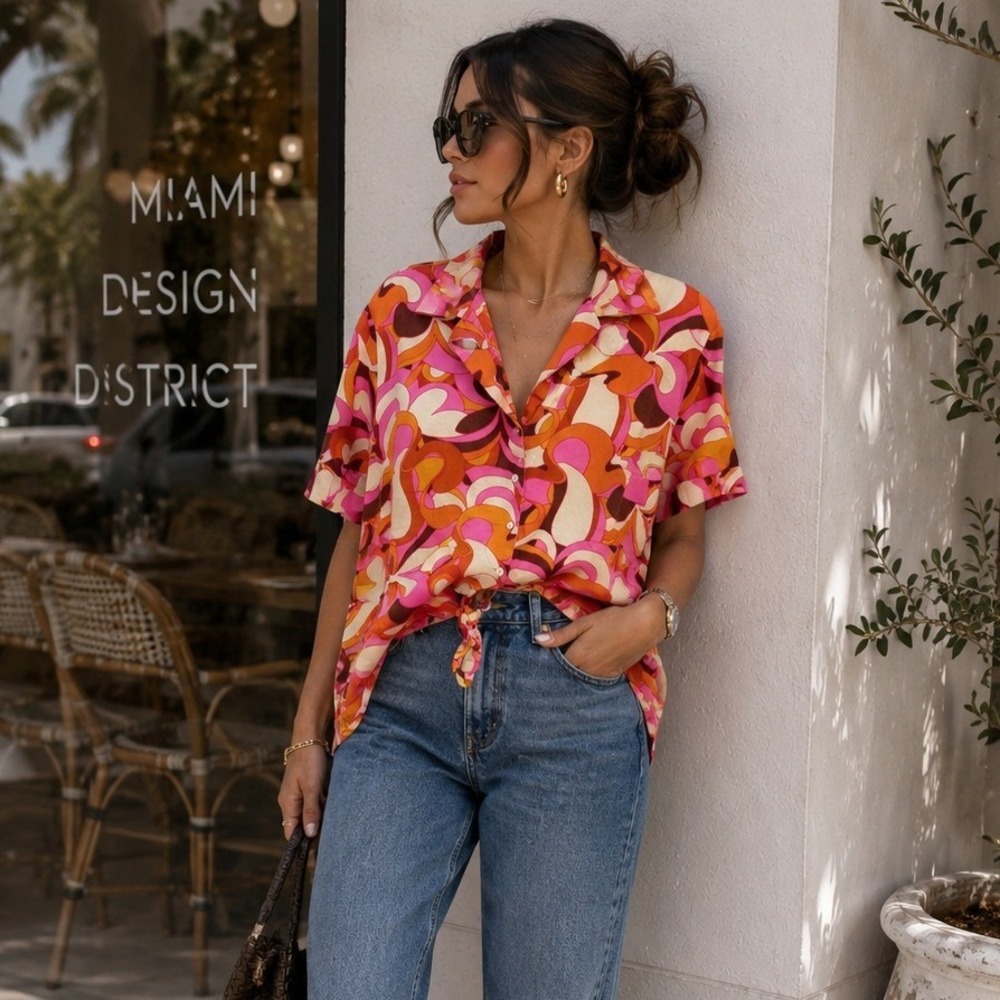 Ava & Viv XXL Pink Orange Retro Psychedelic Linen Blend Tie Front Button Top